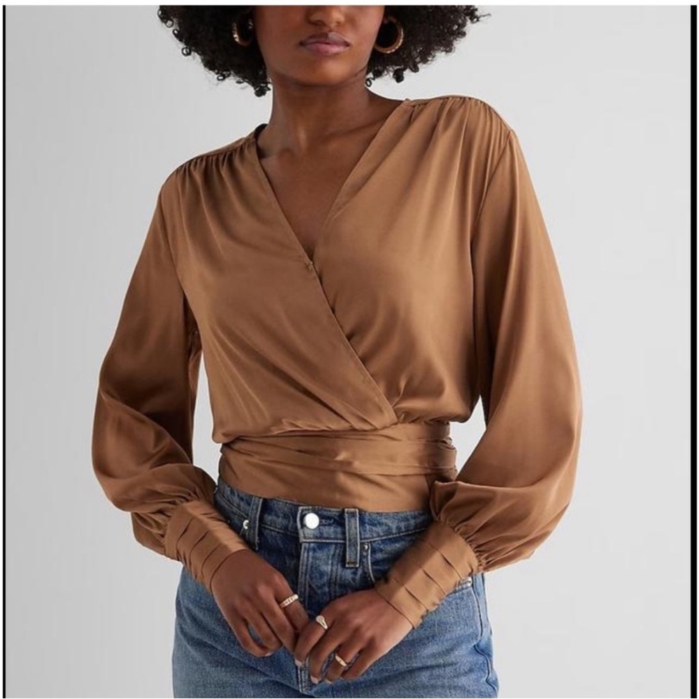 Express Satin Vneck balloon sleeves faux Wrap Blouse in pecan